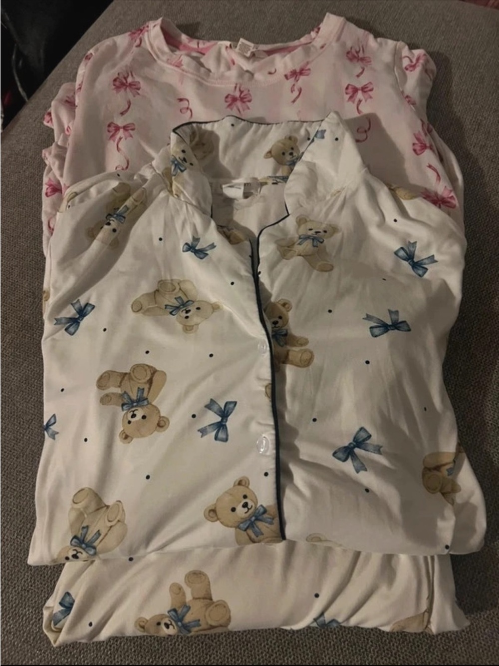 Teddy Bear Print Pajama Set with Blue Bow Accents